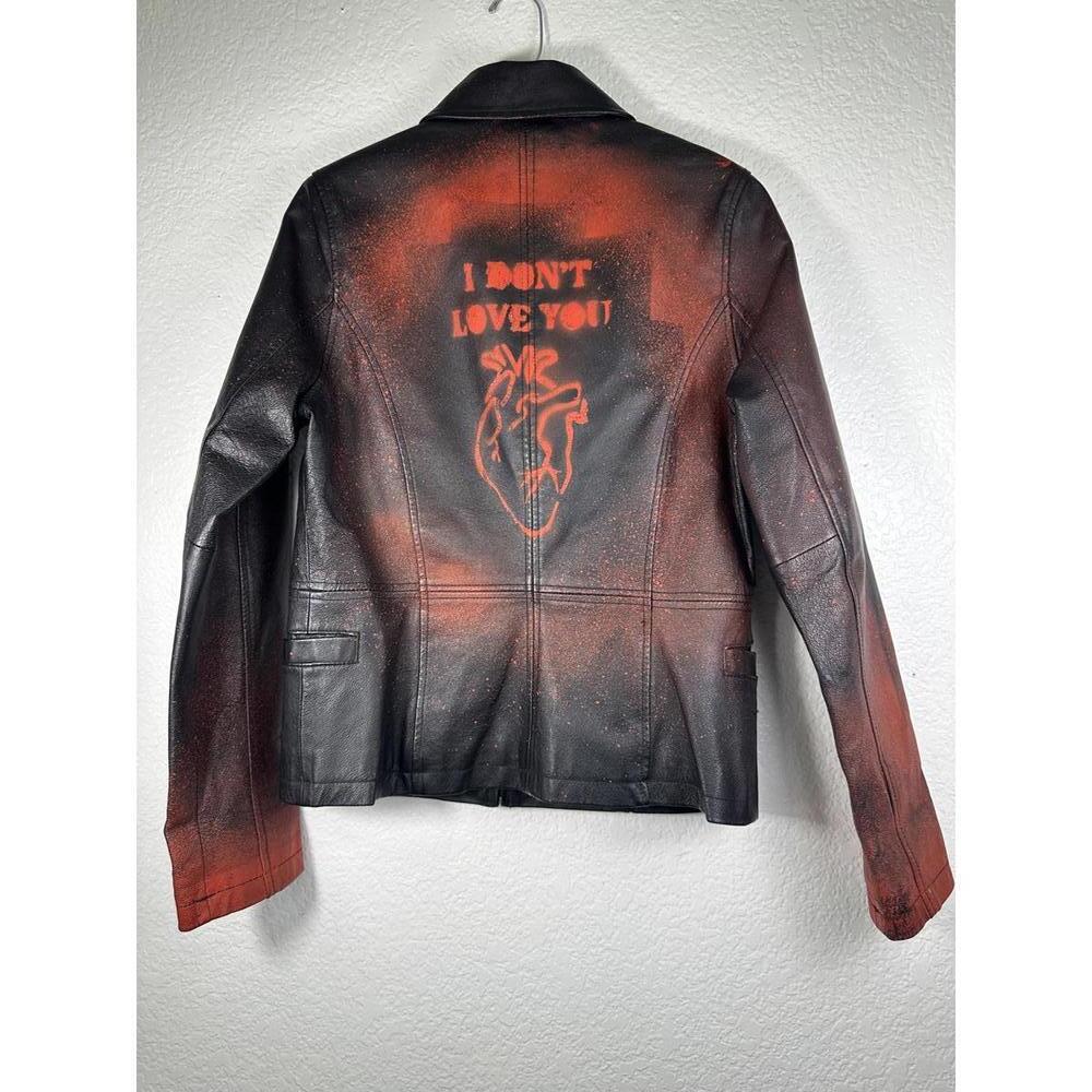 Women’s S Leather Jacket Punk Goth Grunge Spray Paint Heart Emo Custom Altered